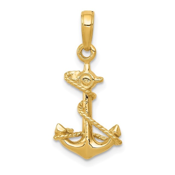 10K Gold 3-D Anchor with Rope Pendant - Picture 1 of 4